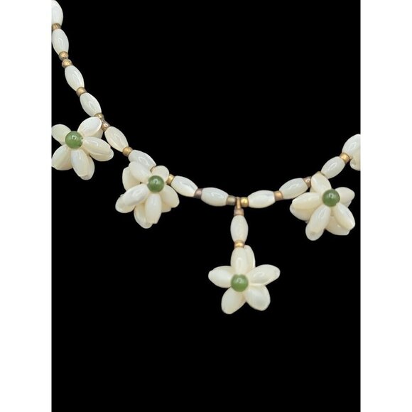 Carved Mother of Pearl Beaded Necklace Handcrafted Flower Jade Accent 16" Choker - Picture 8 of 8